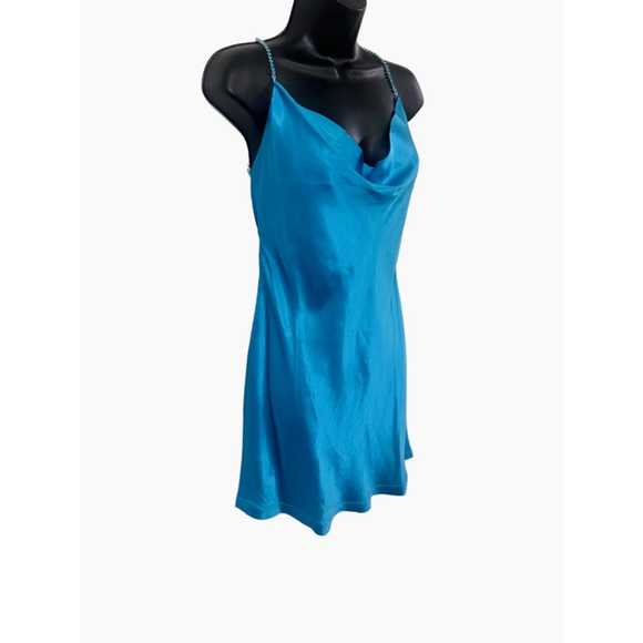 Meshki Dress Satin Cyan Blue “Sofie” Mini Rhinestone Strap Size Large NWT - Picture 8 of 11